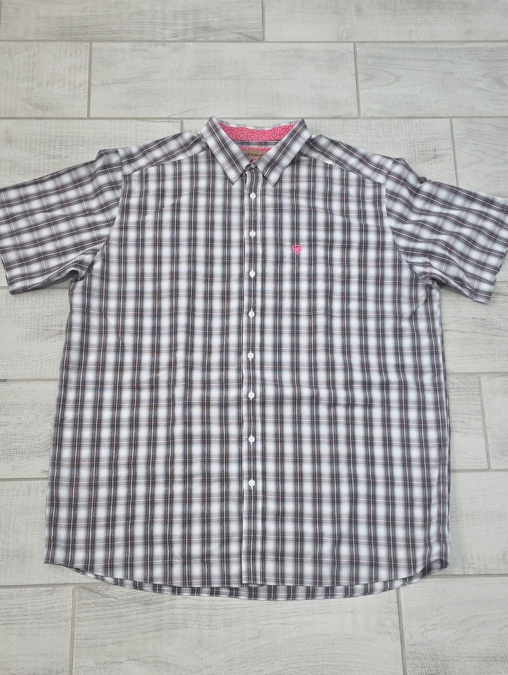 Ariat Wrinkle Free Grey/Pink Plaid Men's Size XXL Tall Short Sleeve Button Up